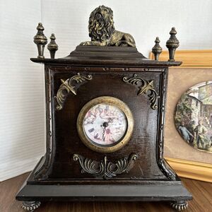 Vintage Wood Clock Box Cabinet Lion Home Decor Collectibles BATTERY QUARTZ